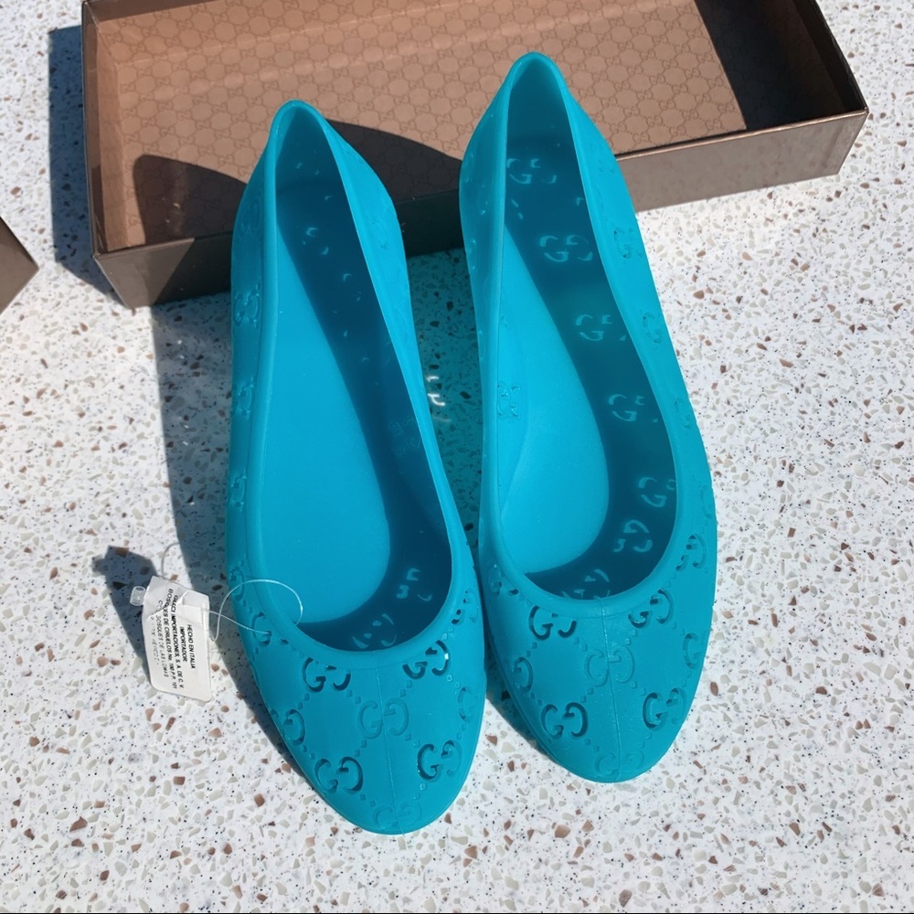 NIB Authentic Gucci Laser-cut GG Web Jelly Rubber Slipper Flats Blue 5
